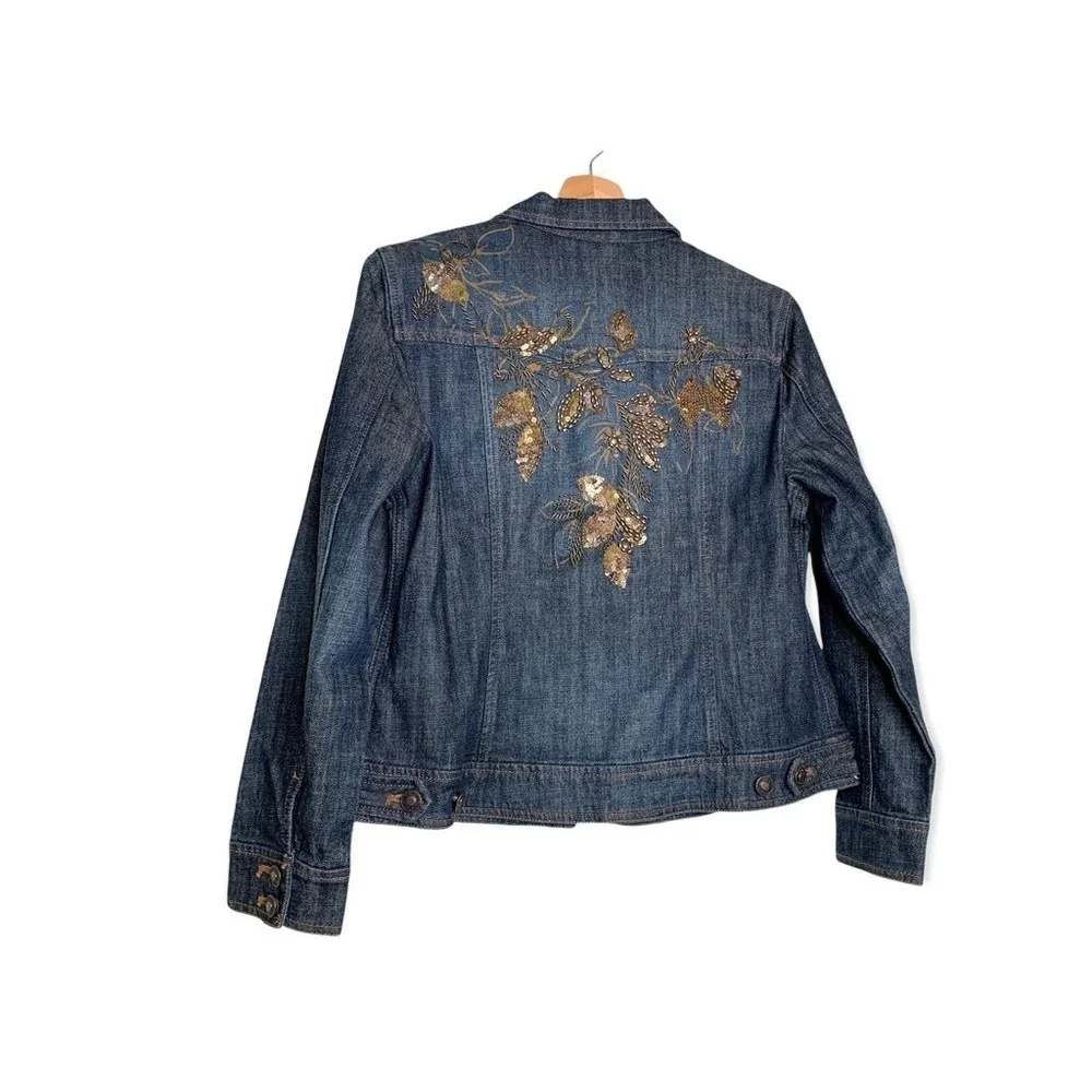 Coldwater Creek Womens Denim Jacket Blue Stretch Pockets Embroidered Petites 10P